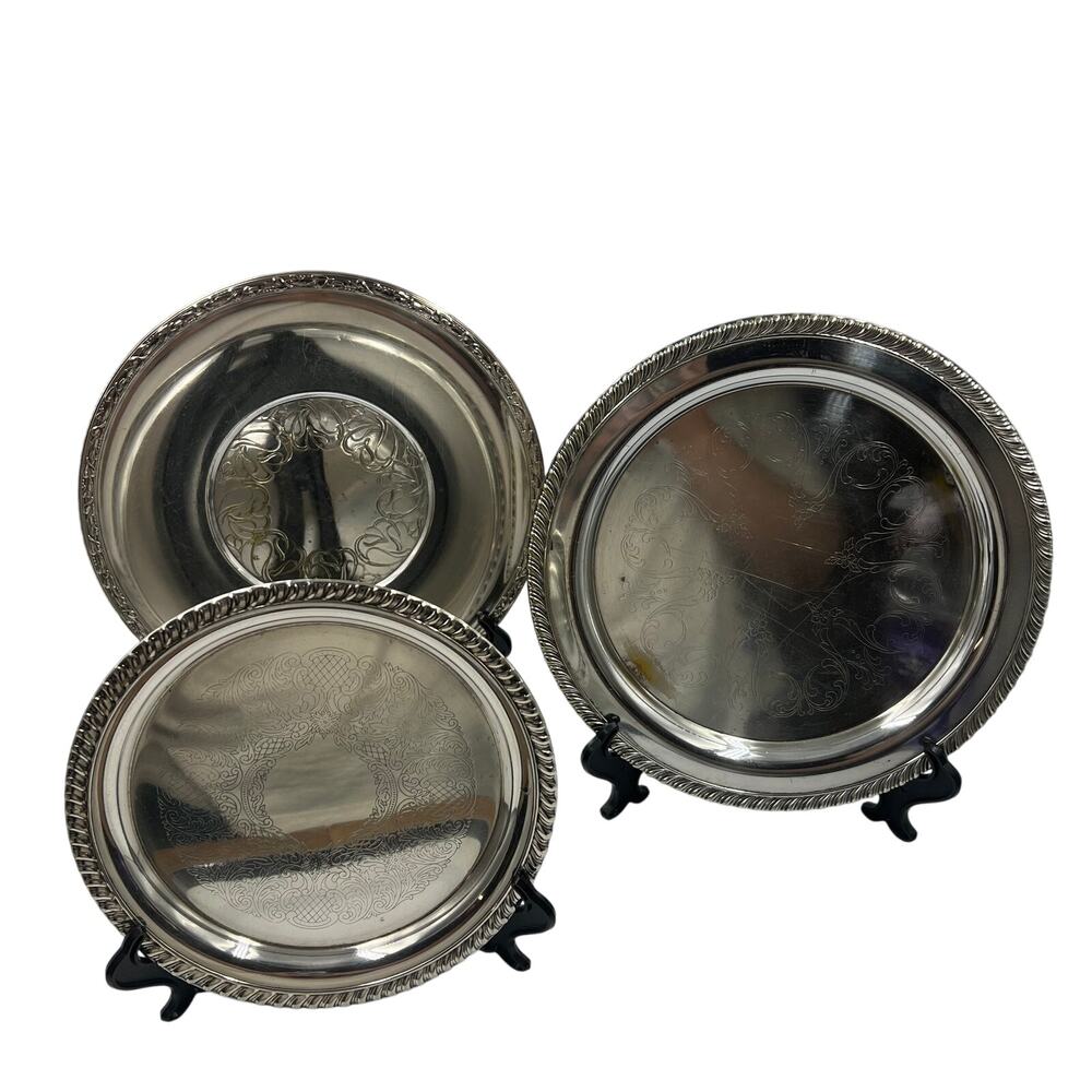 Vintage Lot Oneida Silverplate WMA Rogers Serving Platters Etched Hearts 3 Piece